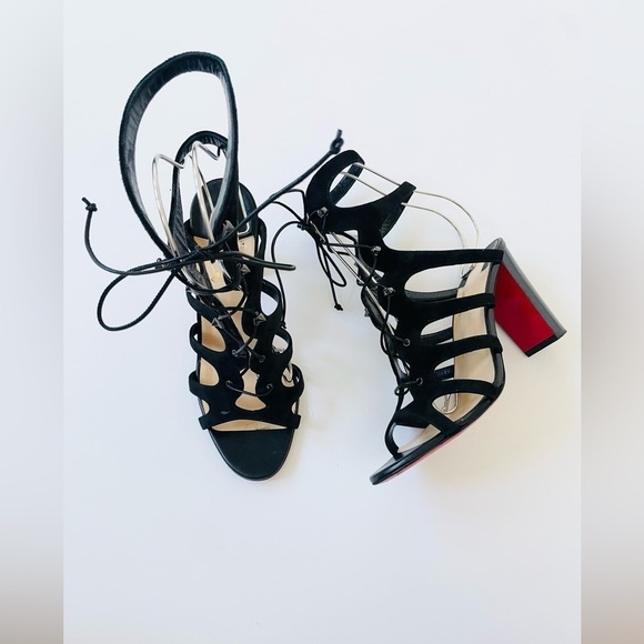 Christian Louboutin Black Suede Leather 85mm Amazoudur Gladiator Sandals EU 38.5 - Picture 3 of 10